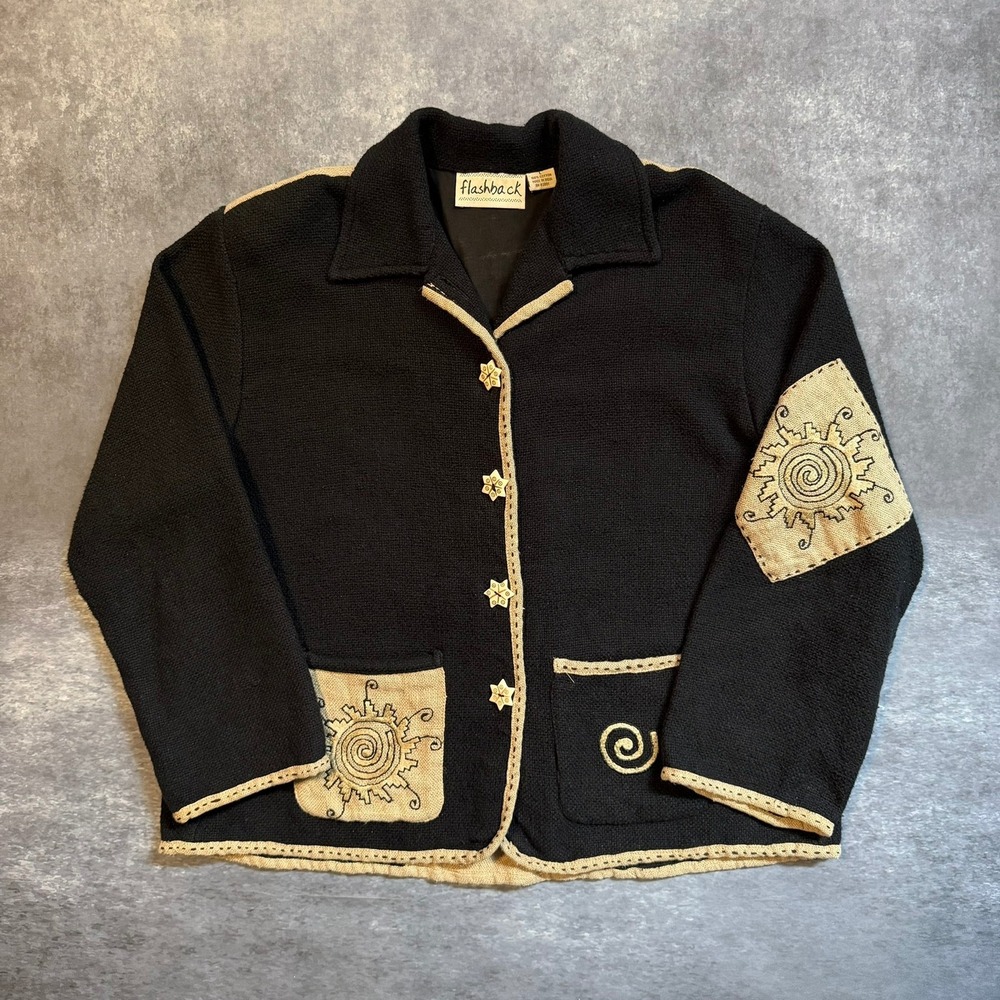 VTG Flashback Women Large Black Cotton Boho Sun Embroidery Button Up Jacket Coat